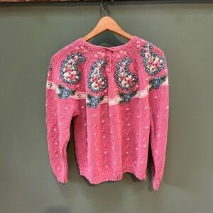 Portraits by Northern Isles Pink Vintage Hand Knit Sweater Floral Paisley -  L